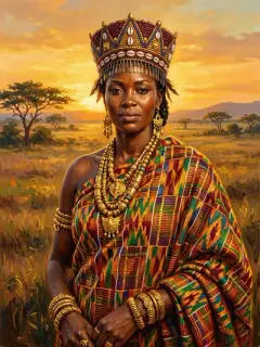 Regal figure in kente cloth with gold jewelry