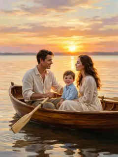 Family in rowboat on serene lake oil painting