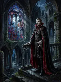 Elegant vampire in dark Gothic castle