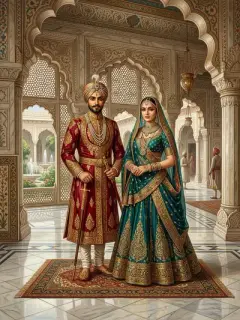 Royal figure in gold-embroidered sari marble palace