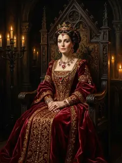 Dramatic red queen on dark throne oil painting