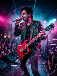 Edgy rockstar with electric guitar on stage