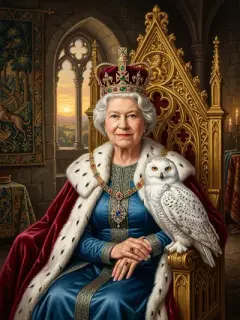 Silver-haired queen with crown and white owl painting